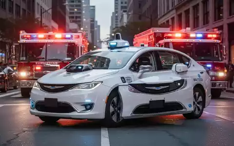Ein Waymo-Robotaxi auf einer nächtlichen Stadtstraße, mit Blaulicht eines Einsatzfahrzeugs im Hintergrund, symbolisiert Behinderung. - Foto: über boerse-global.de