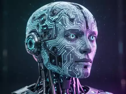 Nahaufnahme eines futuristischen humanoiden Roboter-Kopfes mit leuchtenden, komplexen Schaltkreismustern auf der Oberfläche, die fortschrittliche KI symbolisieren. - Foto: über boerse-global.de