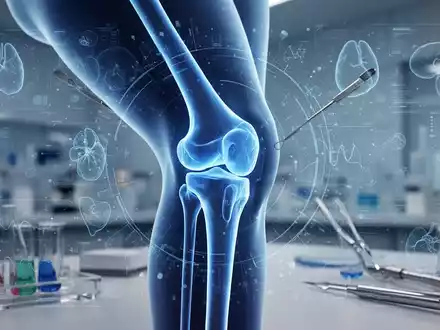 Nahaufnahme eines transparenten, blau leuchtenden Kniegelenks, umgeben von biologischen Datenvisualisierungen in einem Labor. - Foto: über boerse-global.de