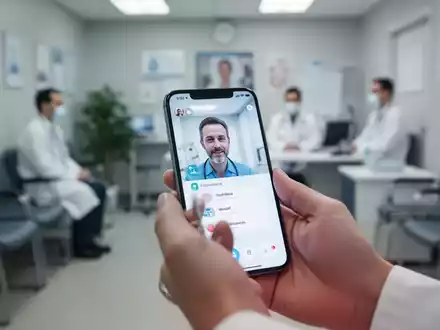 Eine Hand hält ein Smartphone mit einer medizinischen App oder einem Videoanruf, im unscharfen Hintergrund ein Wartezimmer. - Foto: über boerse-global.de