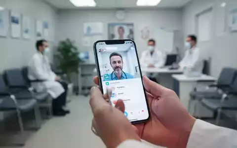 Eine Hand hält ein Smartphone mit einer medizinischen App oder einem Videoanruf, im unscharfen Hintergrund ein Wartezimmer. - Foto: über boerse-global.de
