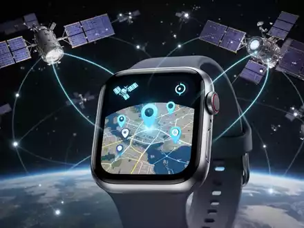 Apple Watch-Zifferblatt mit Satellitenkommunikationssymbol und Karte, Satelliten im Hintergrund. - Foto: über boerse-global.de