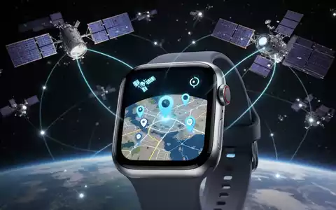Apple Watch-Zifferblatt mit Satellitenkommunikationssymbol und Karte, Satelliten im Hintergrund. - Foto: über boerse-global.de