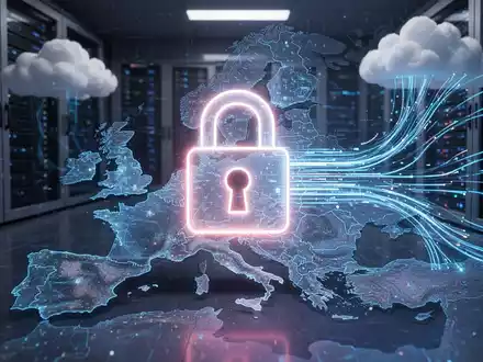 Ein stilisiertes, leuchtendes Vorhängeschloss über einer digitalen Europakarte mit Datenströmen, die in Cloud-Server-Racks fließen. - Foto: über boerse-global.de