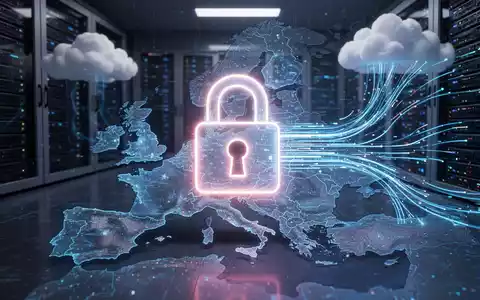 Ein stilisiertes, leuchtendes Vorhängeschloss über einer digitalen Europakarte mit Datenströmen, die in Cloud-Server-Racks fließen. - Foto: über boerse-global.de