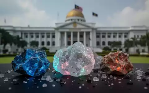 Nahaufnahme von Seltenen Erden-Mineralien mit einem unscharfen malaysischen Parlamentsgebäude im Hintergrund, das Prüfung symbolisiert. - Foto: über boerse-global.de