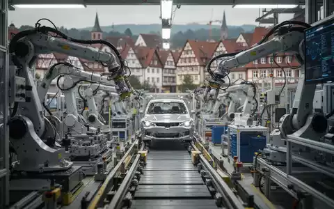Eine moderne Autofabrik in Deutschland mit Robotern an einer Produktionslinie und einem unscharfen Hintergrund einer Stadt, die wirtschaftliche Spannung symbolisiert. - Foto: über boerse-global.de