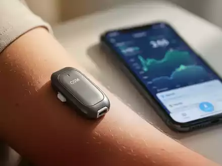 Nahaufnahme eines modernen CGM-Sensors am Arm eines Patienten, im Hintergrund ein Smartphone mit Glukosewerten. - Foto: über boerse-global.de