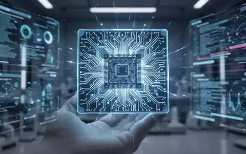 Nahaufnahme eines futuristischen, leuchtenden Mikrochips mit komplexen blauen Schaltkreisen, gehalten von einer Hand in einem Hightech-Labor. - Foto: über boerse-global.de