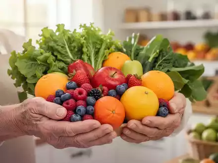 Ältere Hände halten eine Auswahl an frischem Obst und Gemüse, das eine gesunde Ernährung für Senioren symbolisiert. - Foto: über boerse-global.de
