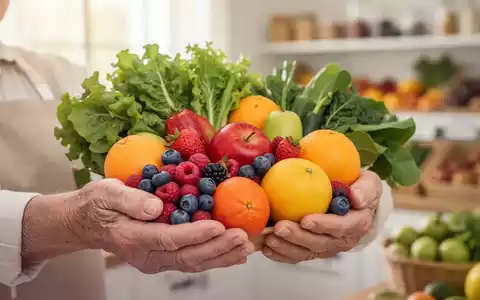 Ältere Hände halten eine Auswahl an frischem Obst und Gemüse, das eine gesunde Ernährung für Senioren symbolisiert. - Foto: über boerse-global.de