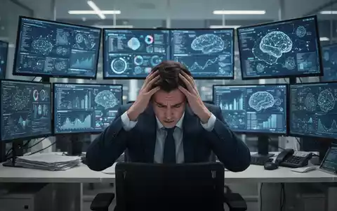 Eine gestresste Person sitzt an einem Schreibtisch mit vielen Bildschirmen, die komplexe Daten und KI-Ergebnisse anzeigen. - Foto: über boerse-global.de