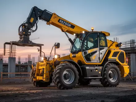 Ein gelber Teleskopstapler mit ausgefahrenem Arm auf einer Baustelle bei Sonnenuntergang, der schwere Lasten hebt. - Foto: über boerse-global.de