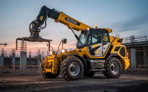 Ein gelber Teleskopstapler mit ausgefahrenem Arm auf einer Baustelle bei Sonnenuntergang, der schwere Lasten hebt. - Foto: über boerse-global.de