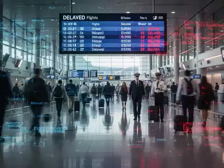 Weite Aufnahme eines geschäftigen Flughafenterminals mit verschwommenen Passagieren, digitalen Anzeigen mit Flugverspätungen und roten Fehlermeldungen sowie Spiegelungen auf dem Boden. - Foto: über boerse-global.de