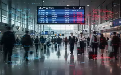 Weite Aufnahme eines geschäftigen Flughafenterminals mit verschwommenen Passagieren, digitalen Anzeigen mit Flugverspätungen und roten Fehlermeldungen sowie Spiegelungen auf dem Boden. - Foto: über boerse-global.de