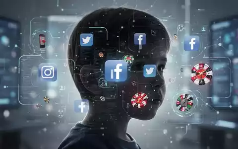 Eine stilisierte Silhouette eines Kinderkopfes, teilweise verdeckt von einer digitalen Oberfläche mit Social-Media- und Glücksspielelementen. - Foto: über boerse-global.de