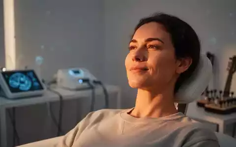 Eine Person in einem Therapieraum, die ruhig und entspannt wirkt, mit unscharfen technologischen oder musikalischen Elementen im Hintergrund. - Foto: ĂĽber boerse-global.de