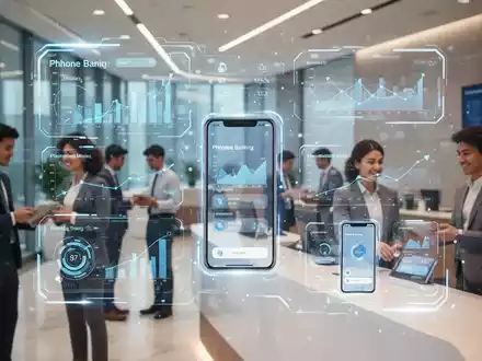 Stilisierte digitale UI überlagert moderne Banklobby mit jungen Kunden und Personal, zeigt digitales Banking und persönliche Beratung. - Foto: über boerse-global.de