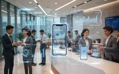 Stilisierte digitale UI überlagert moderne Banklobby mit jungen Kunden und Personal, zeigt digitales Banking und persönliche Beratung. - Foto: über boerse-global.de
