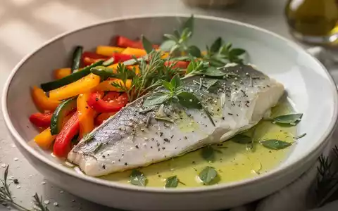 Eine Nahaufnahme einer gesunden Mahlzeit mit Fisch, Gemüse und Kräutern, die eine mediterrane Ernährung und Gehirnleistung symbolisiert. - Foto: über boerse-global.de