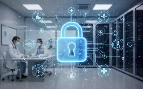 Ein stilisiertes, blau leuchtendes Vorhängeschloss-Symbol über einem digitalen Netzwerk aus medizinischen Symbolen und Datenströmen. - Foto: über boerse-global.de