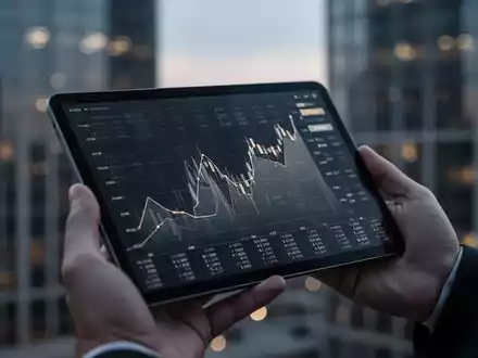 Eine Hand hält ein Tablet mit einem stilisierten Börsenchart; im Hintergrund verschwommene Bürogebäude bei Dämmerung. - Foto: über boerse-global.de
