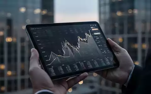 Eine Hand hält ein Tablet mit einem stilisierten Börsenchart; im Hintergrund verschwommene Bürogebäude bei Dämmerung. - Foto: über boerse-global.de