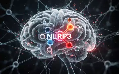 Ein stilisiertes, leuchtendes neuronales Netzwerk im Gehirn mit einem hervorgehobenen, abstrakten NLRP3-Molekül, das Forschung darstellt. - Foto: über boerse-global.de