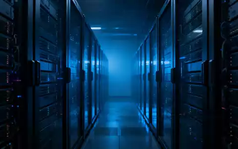 Ein Rechenzentrum mit Server-Racks, die in eine kühle, blaue, gedämpfte und unsichere Atmosphäre übergehen, die einen Marktabschwung im Technologiesektor widerspiegelt. - Foto: über boerse-global.de