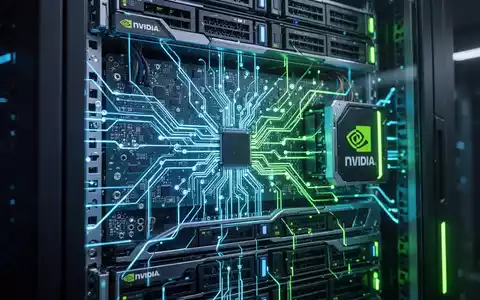 Nahaufnahme eines Hightech-Serverracks mit leuchtend blauen und grünen Lichtern, das fortschrittliche KI-Berechnung und Datenverarbeitung darstellt. - Foto: über boerse-global.de