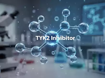 Eine stilisierte, leuchtend blaue Molekularstruktur, die einen TYK2-Inhibitor darstellt, mit verschwommenem Hintergrund, der Forschung suggeriert. - Foto: über boerse-global.de