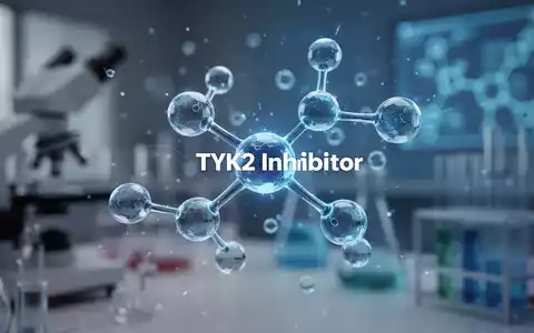 Eine stilisierte, leuchtend blaue Molekularstruktur, die einen TYK2-Inhibitor darstellt, mit verschwommenem Hintergrund, der Forschung suggeriert. - Foto: über boerse-global.de