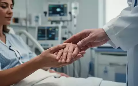 Eine Nahaufnahme der Hand einer Patientin, die von einer medizinischen Fachkraft in einem Krankenhausumfeld berührt wird, symbolisiert Pflege und Diagnose. - Foto: über boerse-global.de