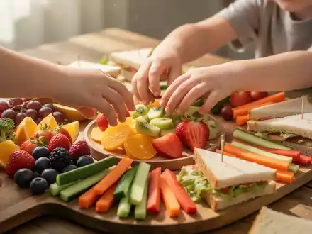 Kinderhände greifen nach bunten, gesunden Snacks wie Obst, Gemüsesticks und Sandwiches auf einem Holztisch. - Foto: über boerse-global.de