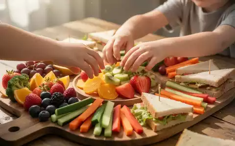 Kinderhände greifen nach bunten, gesunden Snacks wie Obst, Gemüsesticks und Sandwiches auf einem Holztisch. - Foto: über boerse-global.de