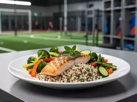 Eine perfekt angerichtete, farbenfrohe und gesunde Mahlzeit auf einem Tisch, im Hintergrund verschwommen ein Sportfeld. - Foto: über boerse-global.de