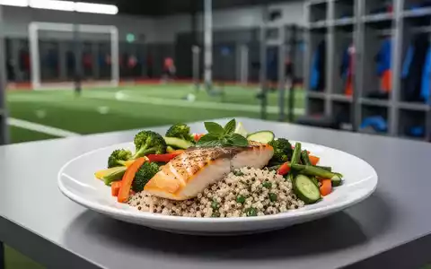 Eine perfekt angerichtete, farbenfrohe und gesunde Mahlzeit auf einem Tisch, im Hintergrund verschwommen ein Sportfeld. - Foto: über boerse-global.de