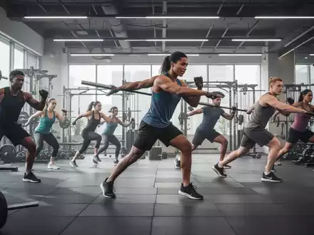 Eine Gruppe von Menschen führt dynamische Ganzkörper-Fitnessübungen in einem modernen Fitnessstudio aus, das auf funktionelles Training ausgelegt ist. - Foto: über boerse-global.de