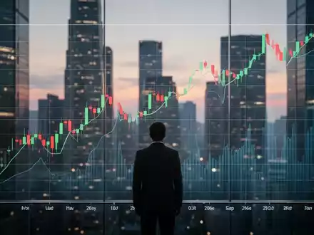 Abwärtstrend-Aktienchart über einer verschwommenen Finanzmetropole bei Dämmerung, der einen Marktverfall symbolisiert. - Foto: über boerse-global.de