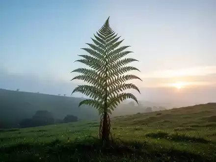 Eine majestätische silberne Farnpflanze auf einem grünen Hügel bei Sonnenaufgang, die Neuseeland symbolisiert. - Foto: über boerse-global.de
