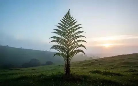 Eine majestätische silberne Farnpflanze auf einem grünen Hügel bei Sonnenaufgang, die Neuseeland symbolisiert. - Foto: über boerse-global.de