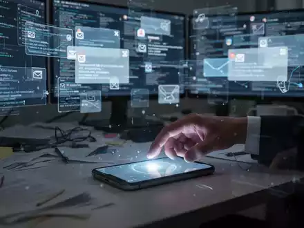 Eine Hand greift nach einem leuchtenden Smartphone auf einem Schreibtisch mit mehreren Bildschirmen, die fragmentierte Informationen zeigen. - Foto: über boerse-global.de