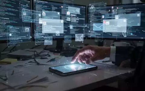 Eine Hand greift nach einem leuchtenden Smartphone auf einem Schreibtisch mit mehreren Bildschirmen, die fragmentierte Informationen zeigen. - Foto: über boerse-global.de