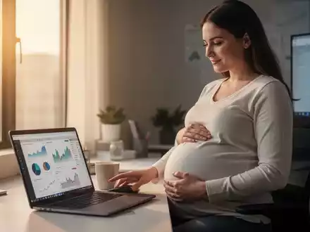 Eine schwangere Frau sitzt in einem modernen Büro und arbeitet am Laptop, während sie ihren Babybauch hält. - Foto: über boerse-global.de
