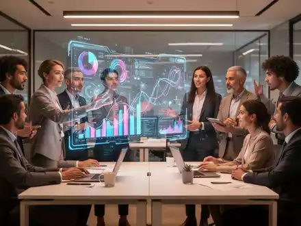 Eine Gruppe von Fachleuten arbeitet in einem modernen Büro zusammen, wobei eine Person mit einer holografischen Anzeige interagiert. - Foto: über boerse-global.de