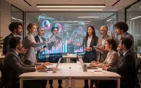 Eine Gruppe von Fachleuten arbeitet in einem modernen Büro zusammen, wobei eine Person mit einer holografischen Anzeige interagiert. - Foto: über boerse-global.de