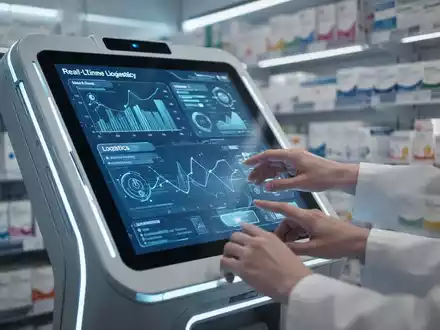 Nahaufnahme von Händen, die mit einem futuristischen digitalen Apotheken-Terminal interagieren, das Echtzeit-Medikamentenbestand und Logistik anzeigt. - Foto: über boerse-global.de