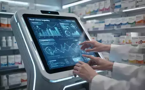 Nahaufnahme von Händen, die mit einem futuristischen digitalen Apotheken-Terminal interagieren, das Echtzeit-Medikamentenbestand und Logistik anzeigt. - Foto: über boerse-global.de