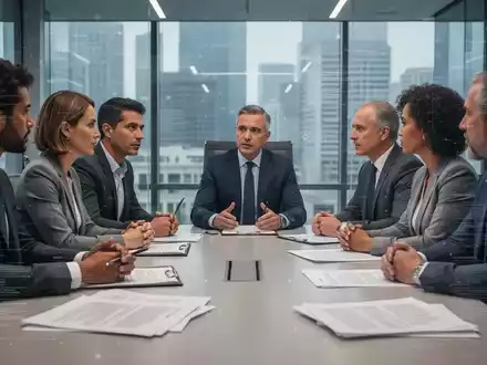 Eine Gruppe von Menschen, die an einem Konferenztisch sitzen und sich angeregt unterhalten, mit digitaler Dateneinblendung. - Foto: über boerse-global.de